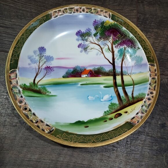 Ucacgo Japan Porclian Plate Landscape Cabin Scene Hand Painted Signed Set Of 2 - Picture 4 of 12